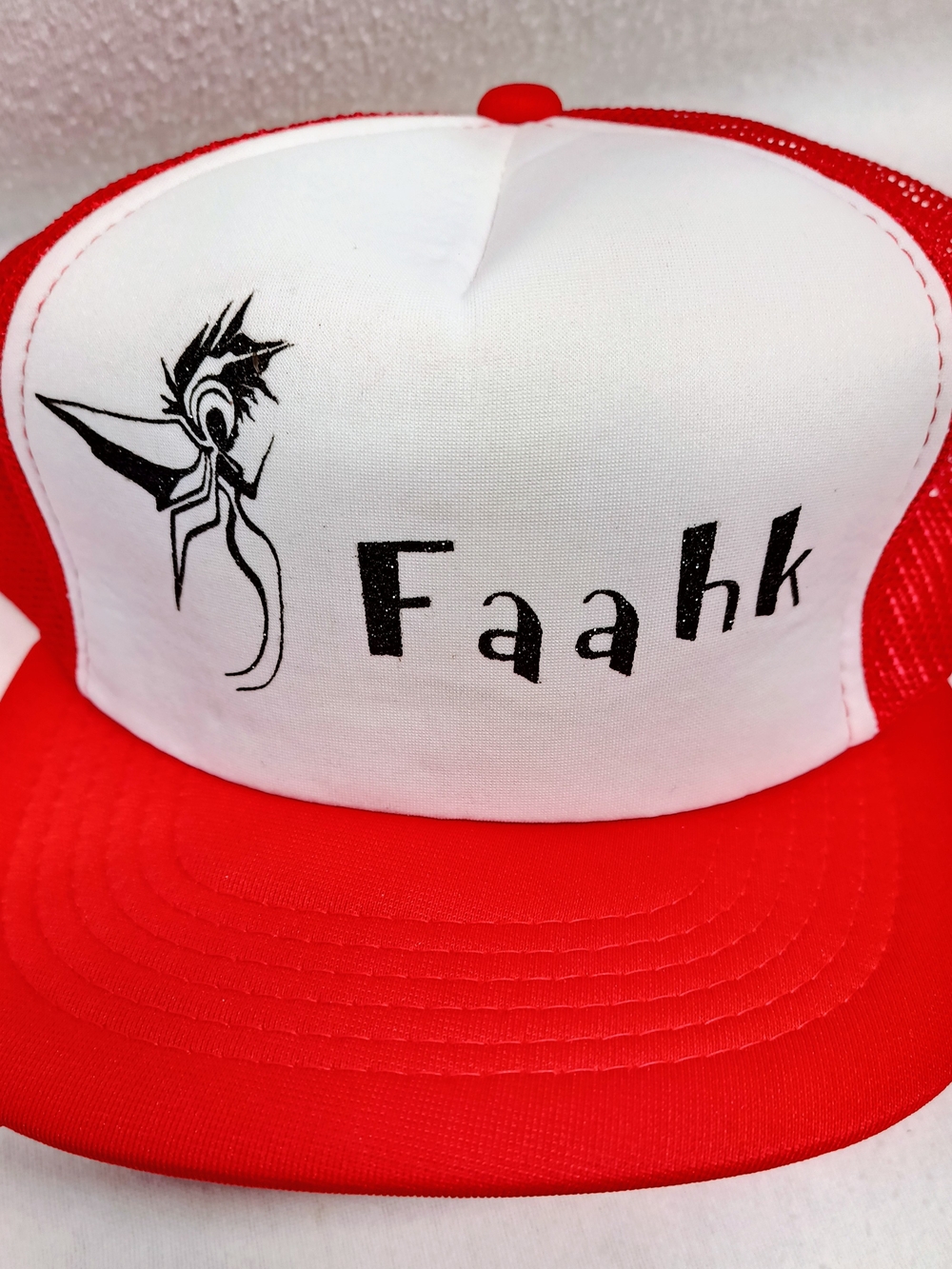 Red & White 5-panel Classic Trucker Hat W Added Pixie & Faahk In Black Glitter